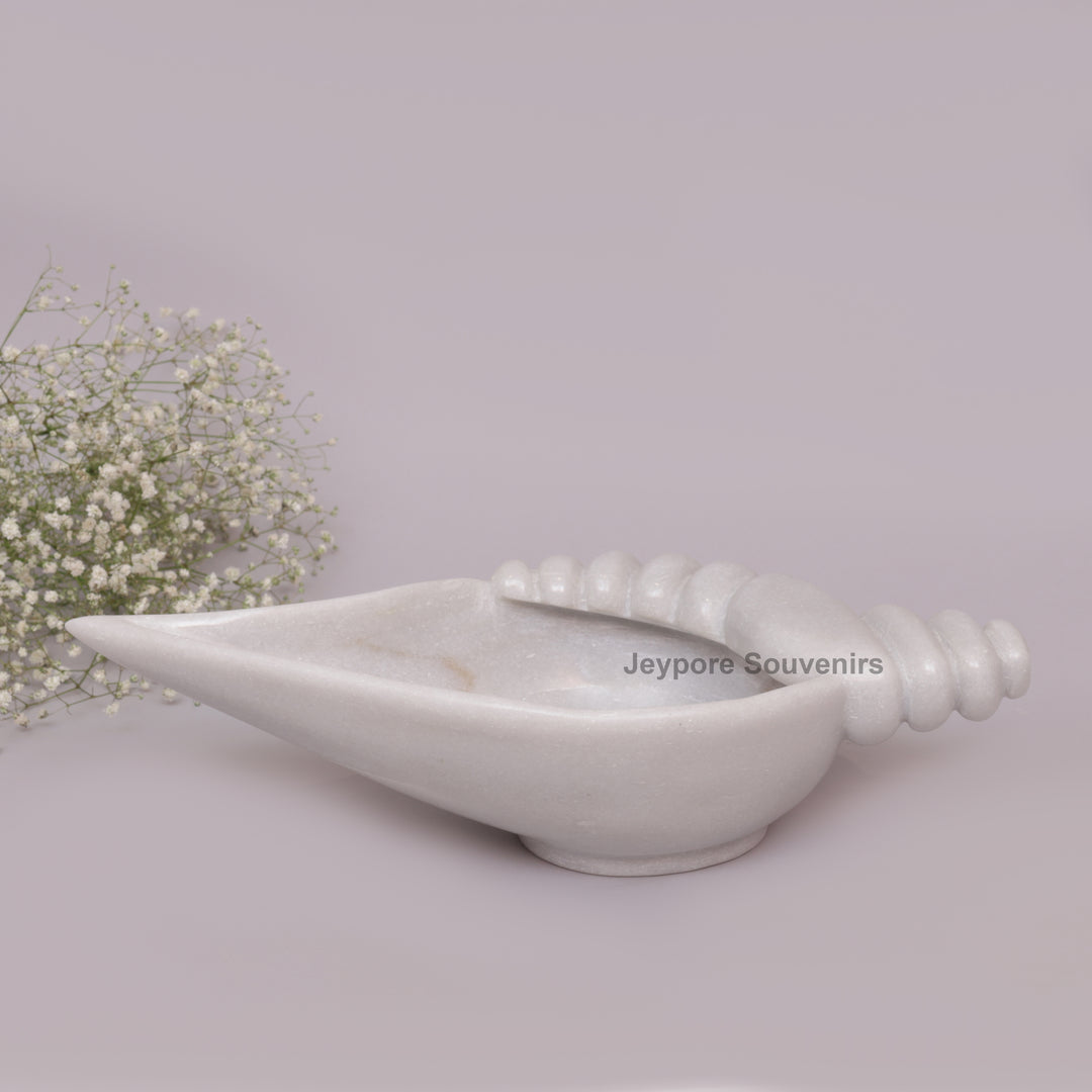 Hand-Carved White Marble Shankh Urli Bowl