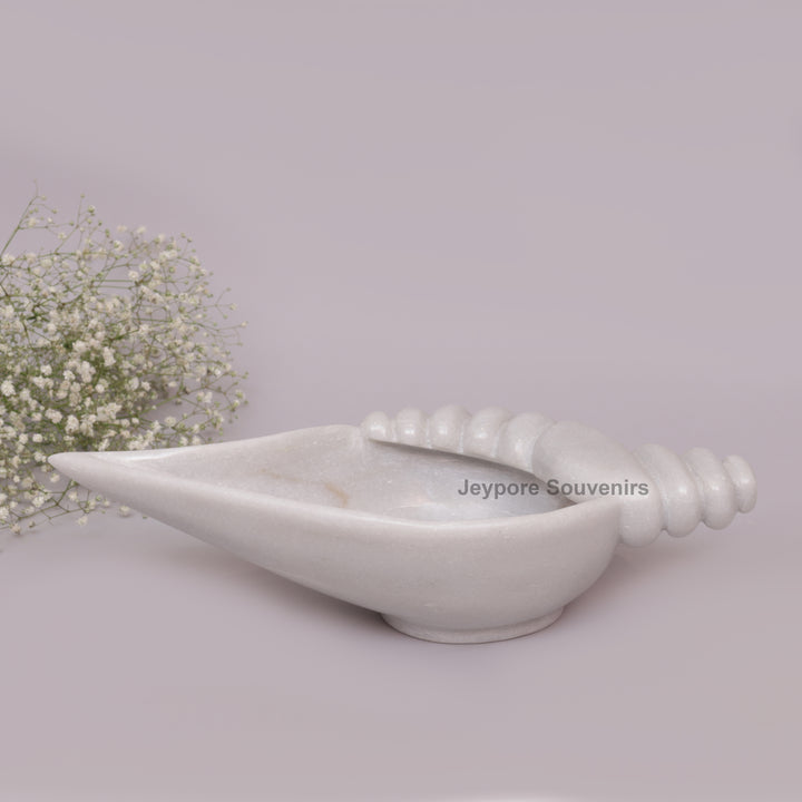Hand-Carved White Marble Shankh Urli Bowl