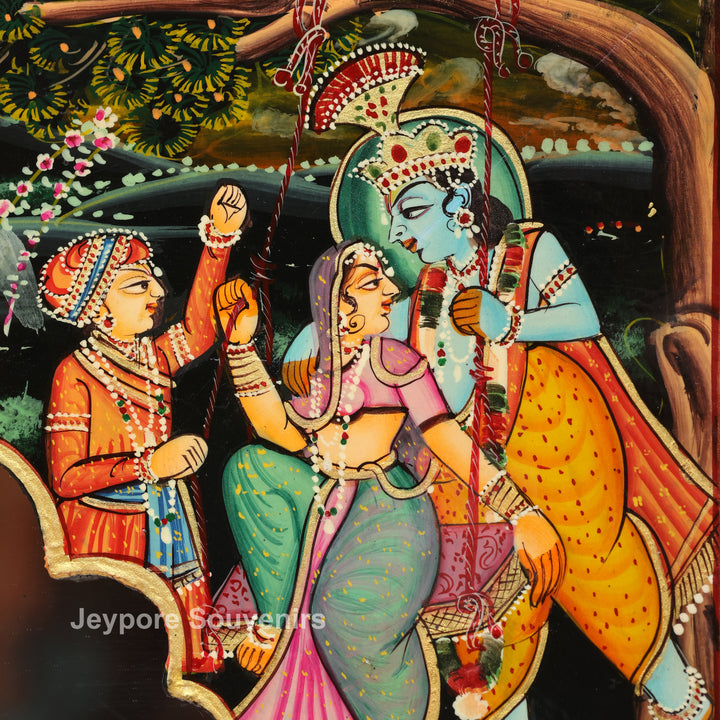 Handcrafted Radha Krishna Wooden Miniature Decorative Wall Mirror