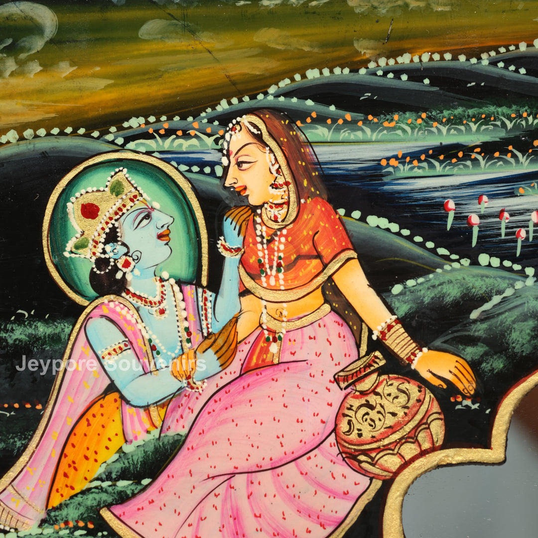Handcrafted Radha Krishna Wooden Miniature Decorative Wall Mirror