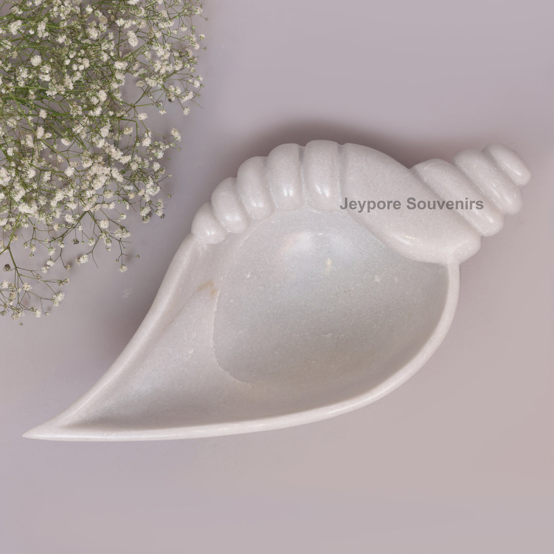 Hand-Carved White Marble Shankh Urli Bowl