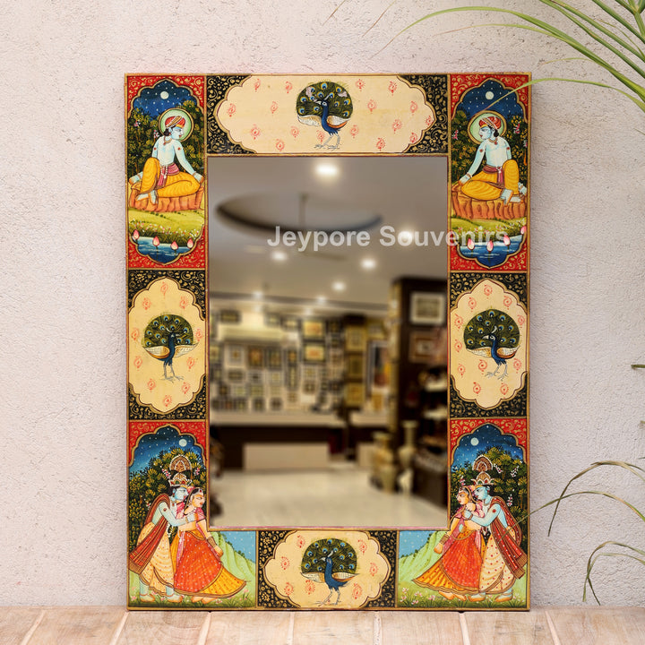 Handcrafted Radha Krishna &amp; Peacock Wooden Wall Mirror