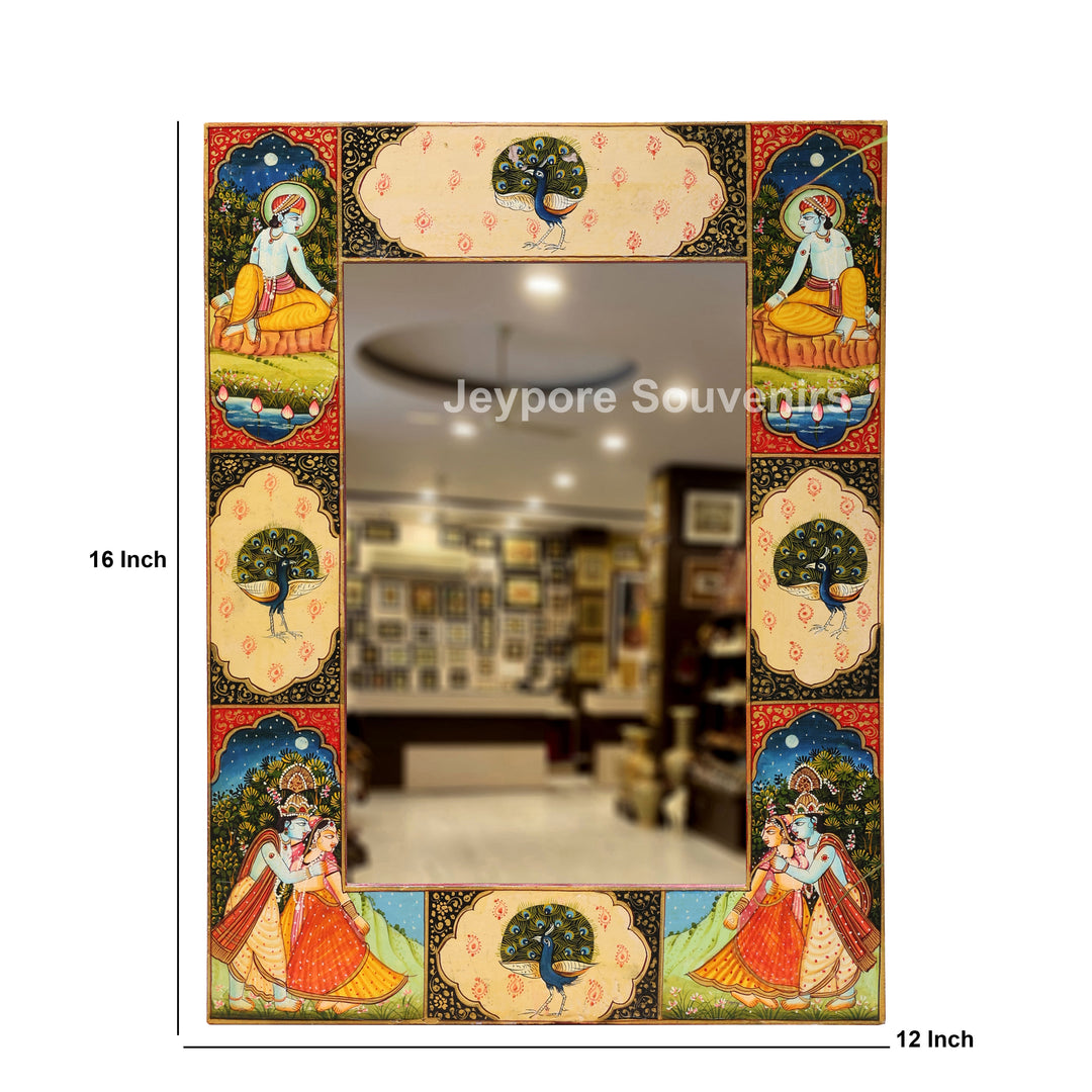 Handcrafted Radha Krishna &amp; Peacock Wooden Wall Mirror