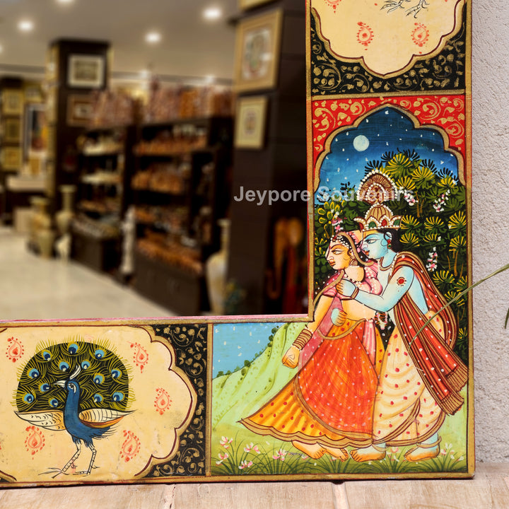 Handcrafted Radha Krishna &amp; Peacock Wooden Wall Mirror