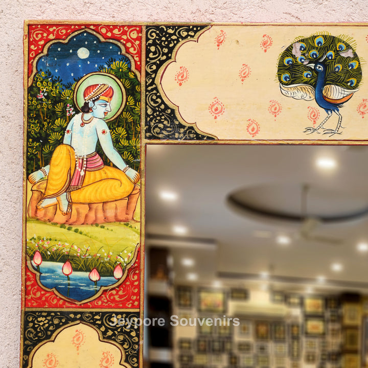 Handcrafted Radha Krishna &amp; Peacock Wooden Wall Mirror