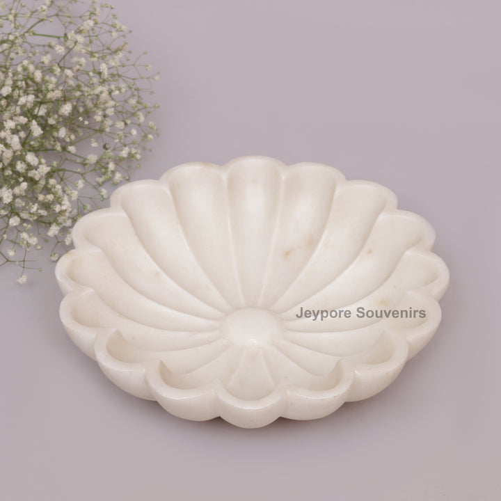 Handcrafted White Marble Flower Bowl with Scalloped Petal Design