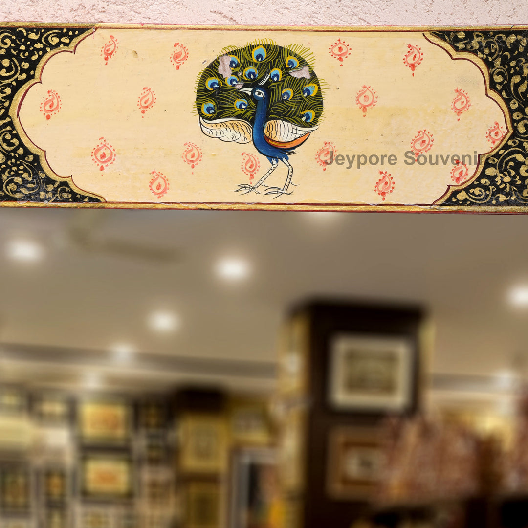 Handcrafted Radha Krishna &amp; Peacock Wooden Wall Mirror