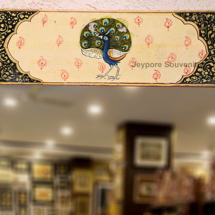 Handcrafted Radha Krishna &amp; Peacock Wooden Wall Mirror
