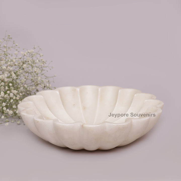 Handcrafted White Marble Flower Bowl with Scalloped Petal Design