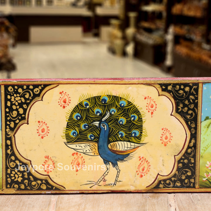 Handcrafted Radha Krishna &amp; Peacock Wooden Wall Mirror