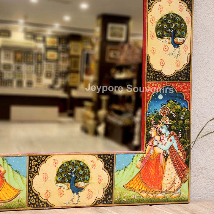 Handcrafted Radha Krishna &amp; Peacock Wooden Wall Mirror