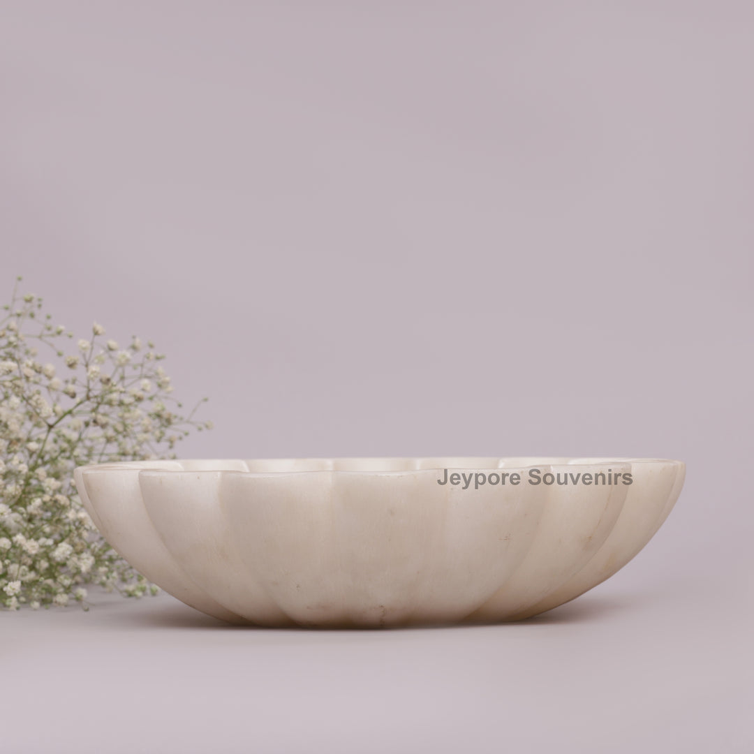 Handcrafted White Marble Flower Bowl with Scalloped Petal Design