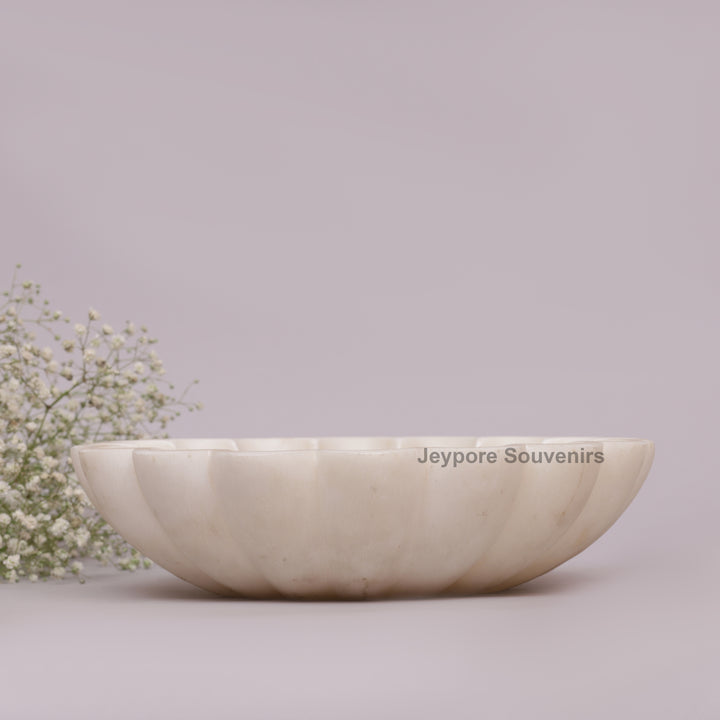 Handcrafted White Marble Flower Bowl with Scalloped Petal Design