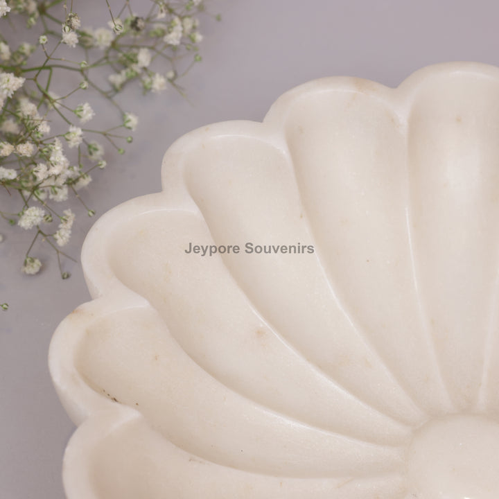 Handcrafted White Marble Flower Bowl with Scalloped Petal Design