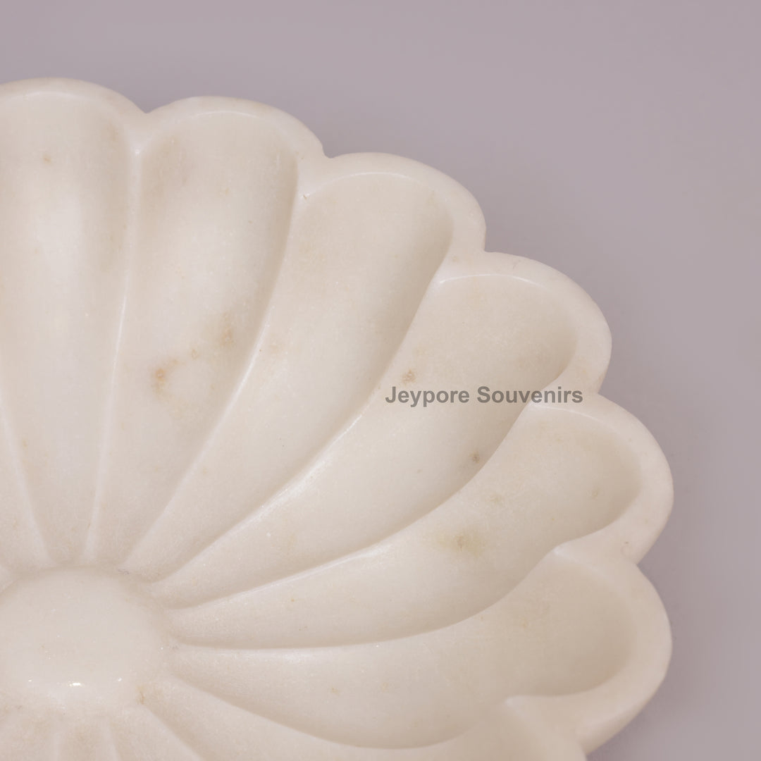 Handcrafted White Marble Flower Bowl with Scalloped Petal Design