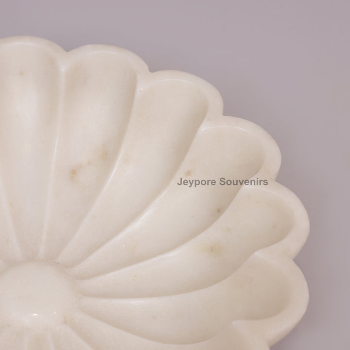 Handcrafted White Marble Flower Bowl with Scalloped Petal Design