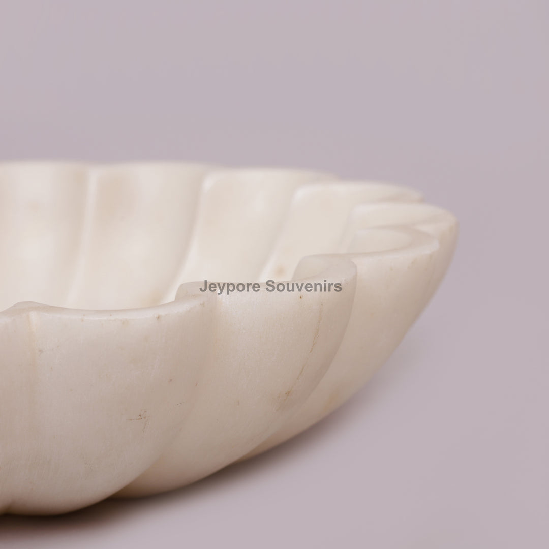 Handcrafted White Marble Flower Bowl with Scalloped Petal Design