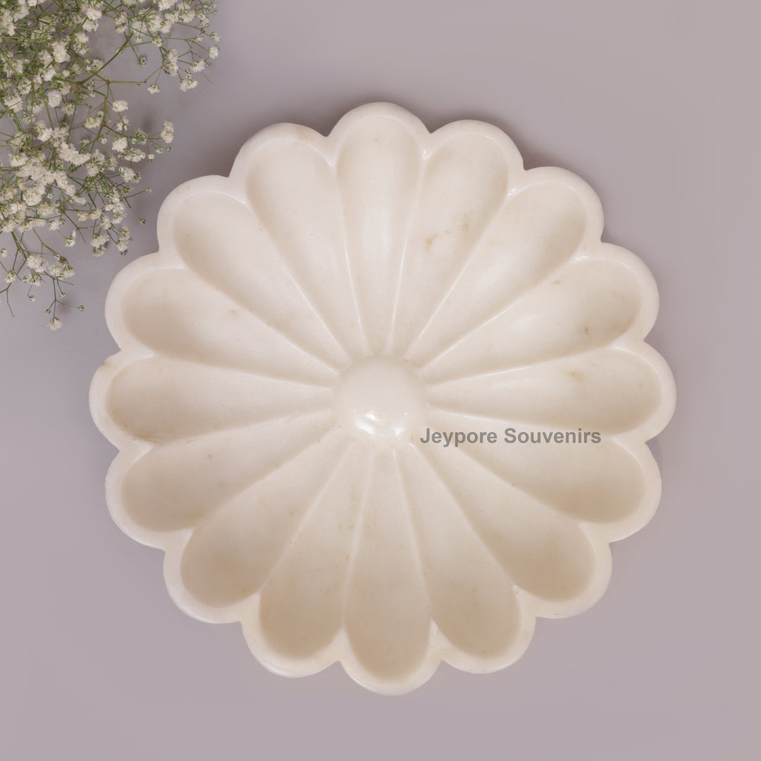 Handcrafted White Marble Flower Bowl with Scalloped Petal Design