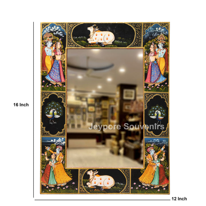 Radha Krishna Wooden Wall Mirror with Sacred Cow &amp; Peacock Motifs