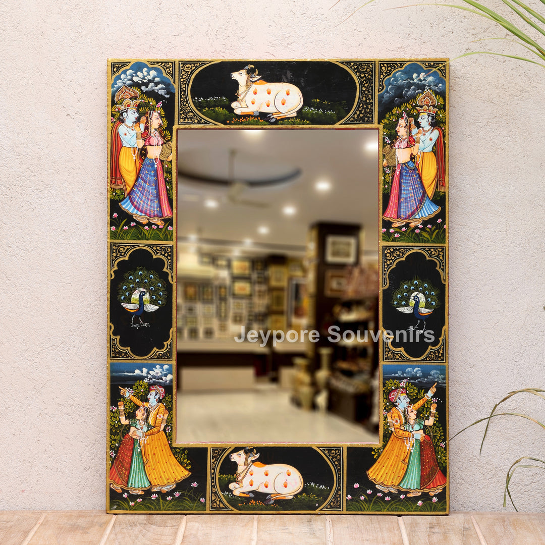 Radha Krishna Wooden Wall Mirror with Sacred Cow &amp; Peacock Motifs