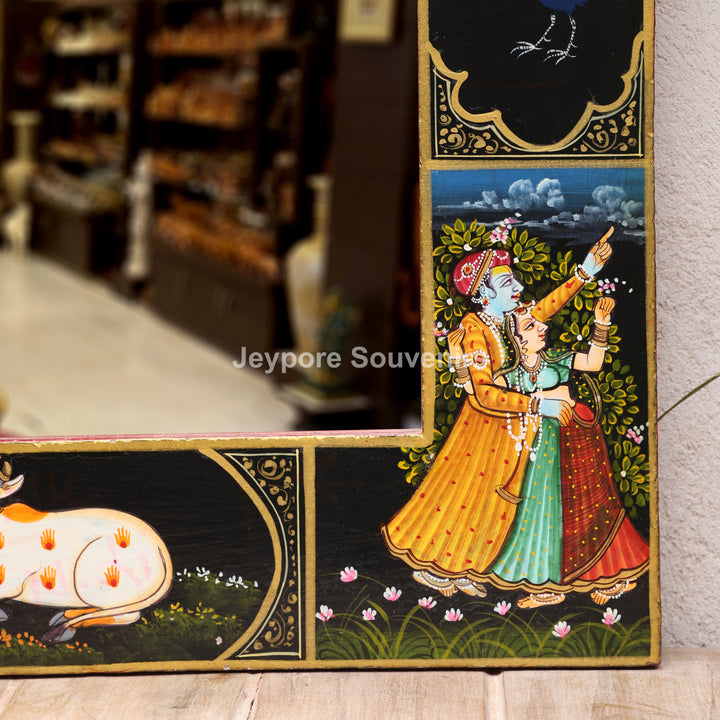 Radha Krishna Wooden Wall Mirror with Sacred Cow &amp; Peacock Motifs