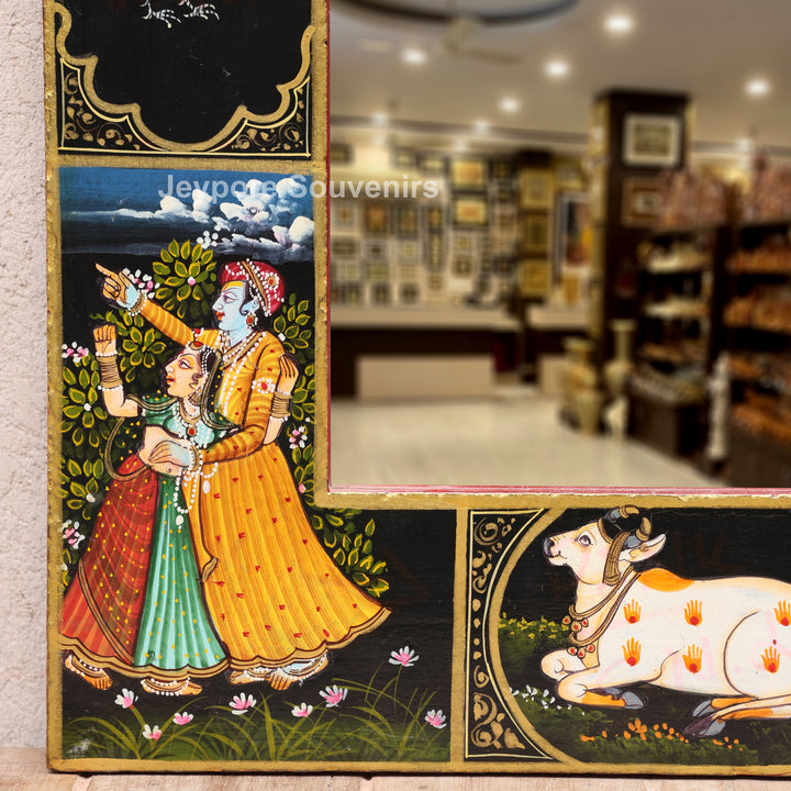 Radha Krishna Wooden Wall Mirror with Sacred Cow &amp; Peacock Motifs