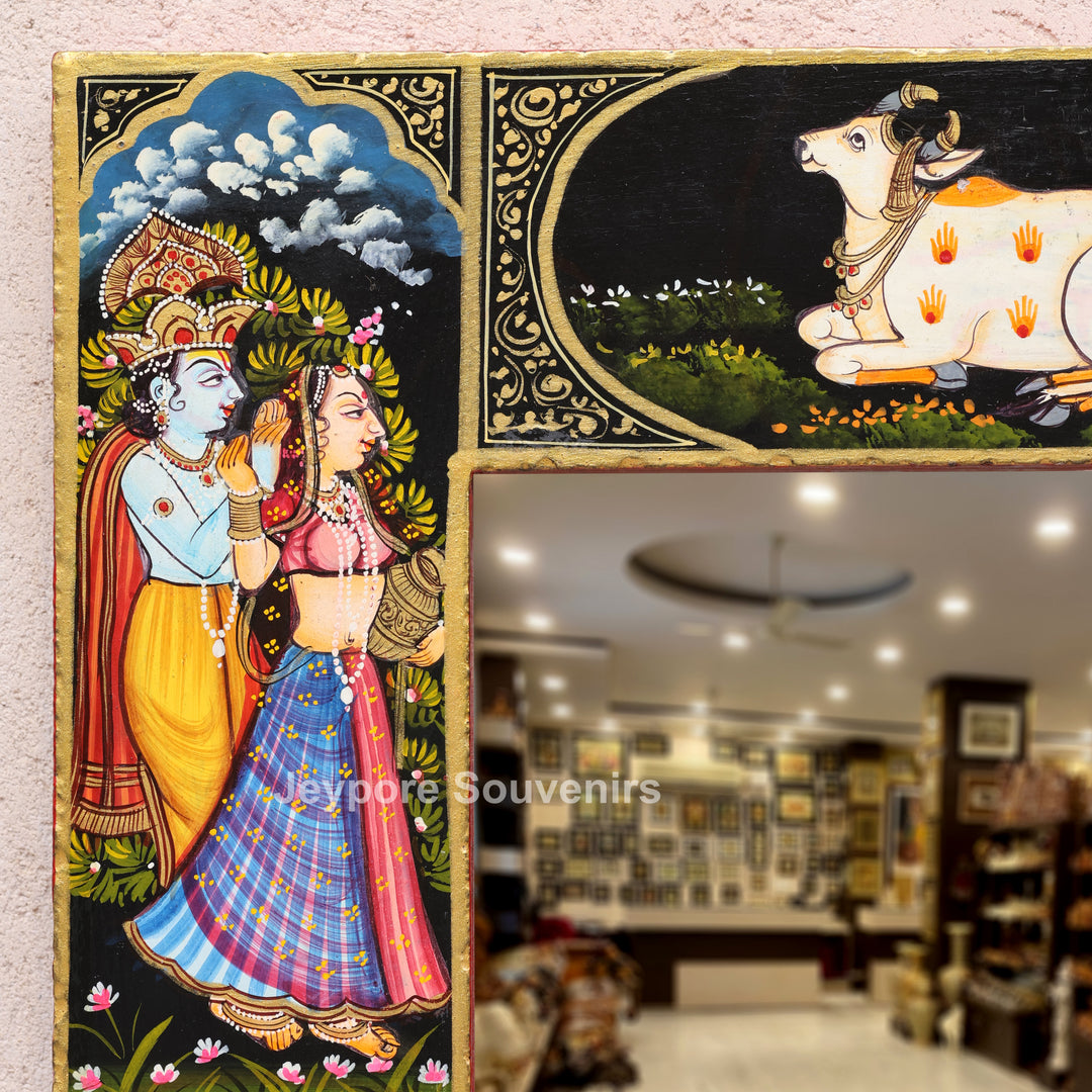 Radha Krishna Wooden Wall Mirror with Sacred Cow &amp; Peacock Motifs
