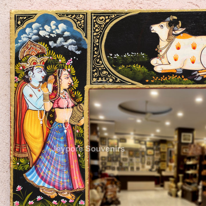 Radha Krishna Wooden Wall Mirror with Sacred Cow &amp; Peacock Motifs
