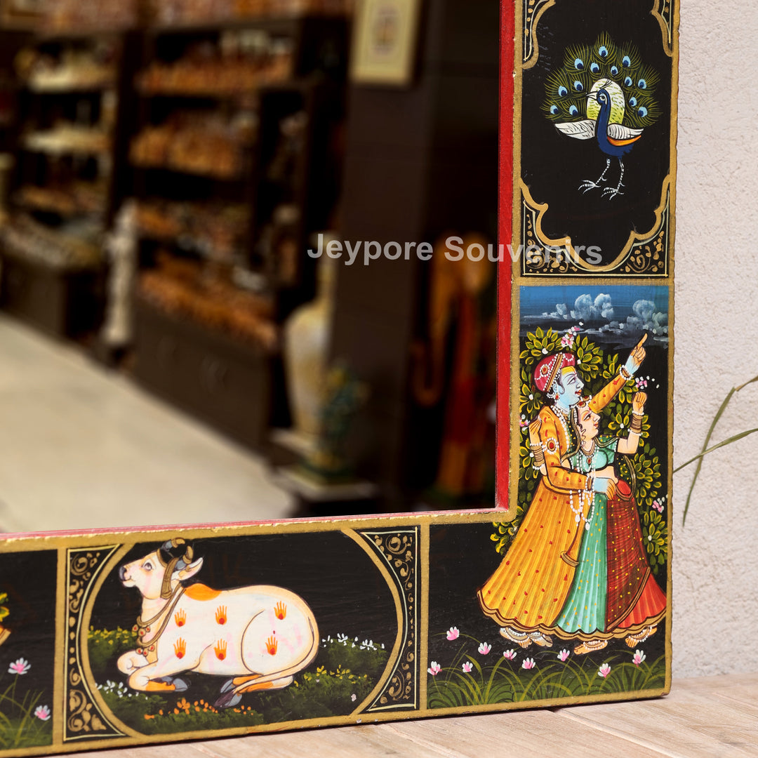 Radha Krishna Wooden Wall Mirror with Sacred Cow &amp; Peacock Motifs