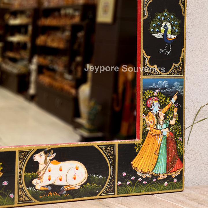Radha Krishna Wooden Wall Mirror with Sacred Cow &amp; Peacock Motifs