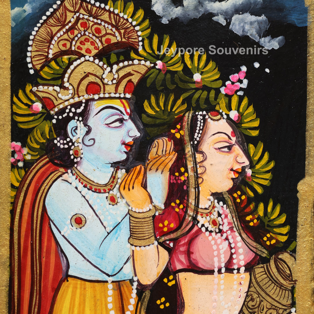 Radha Krishna Wooden Wall Mirror with Sacred Cow &amp; Peacock Motifs