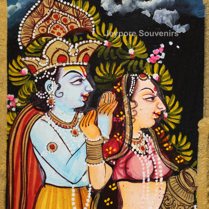Radha Krishna Wooden Wall Mirror with Sacred Cow &amp; Peacock Motifs