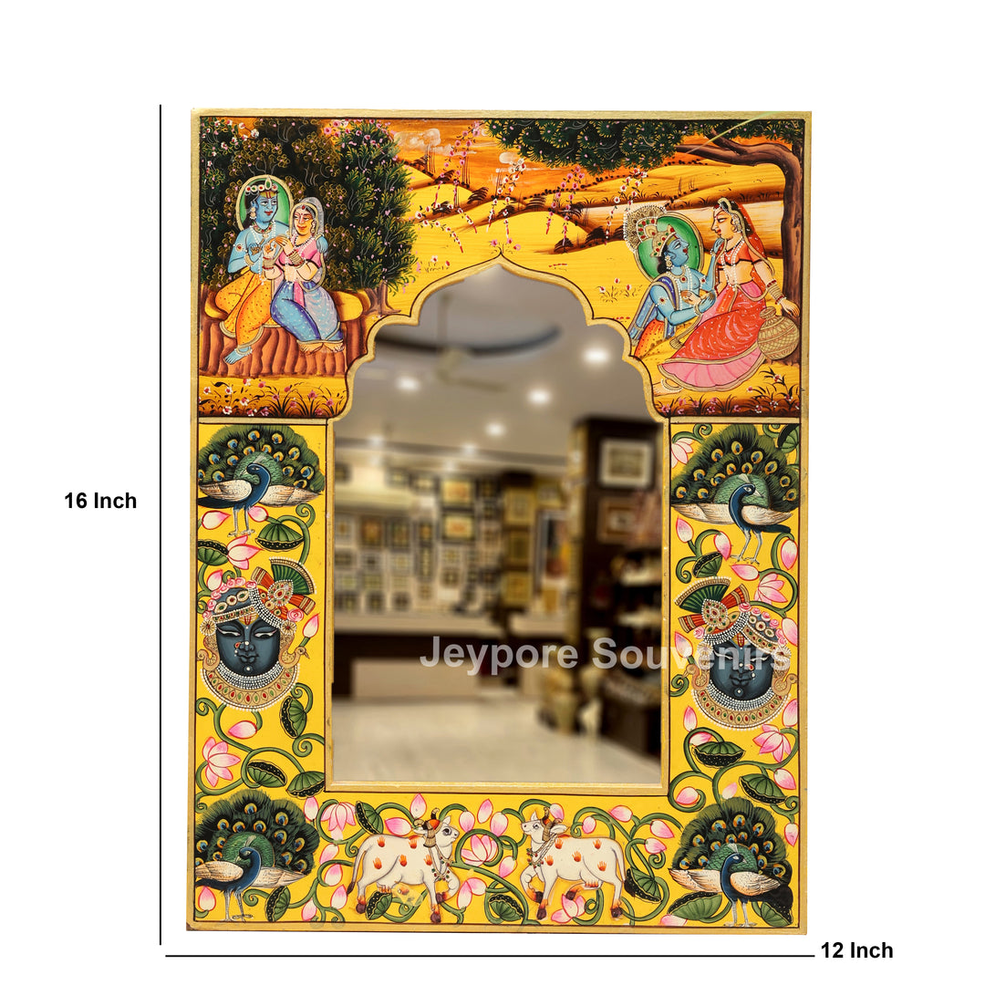 Handcrafted Radha Krishna Pichwai Art Wooden Mirror Frame