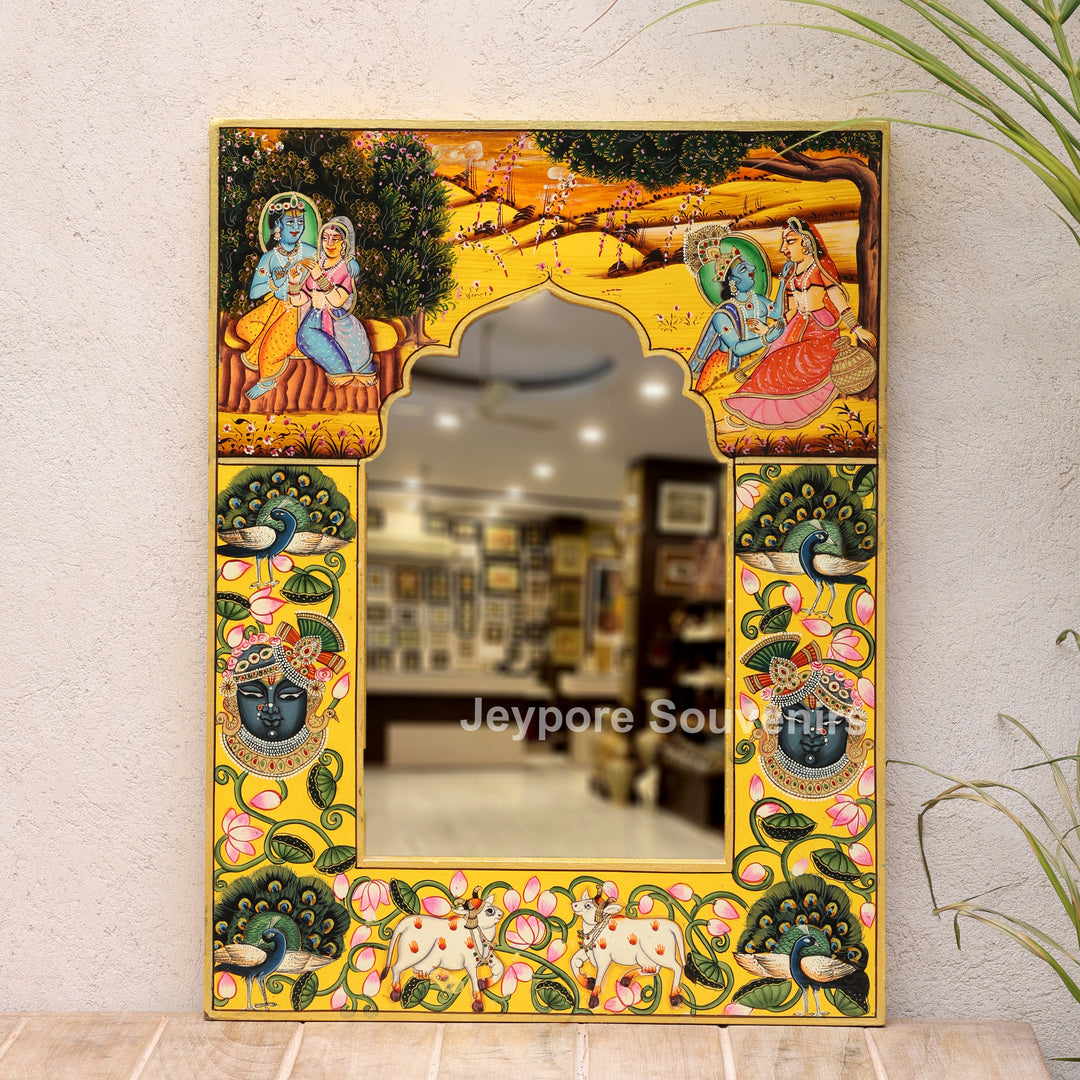 Handcrafted Radha Krishna Pichwai Art Wooden Mirror Frame