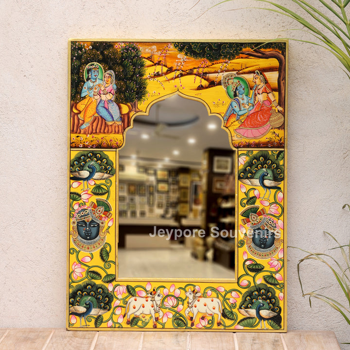 Handcrafted Radha Krishna Pichwai Art Wooden Mirror Frame