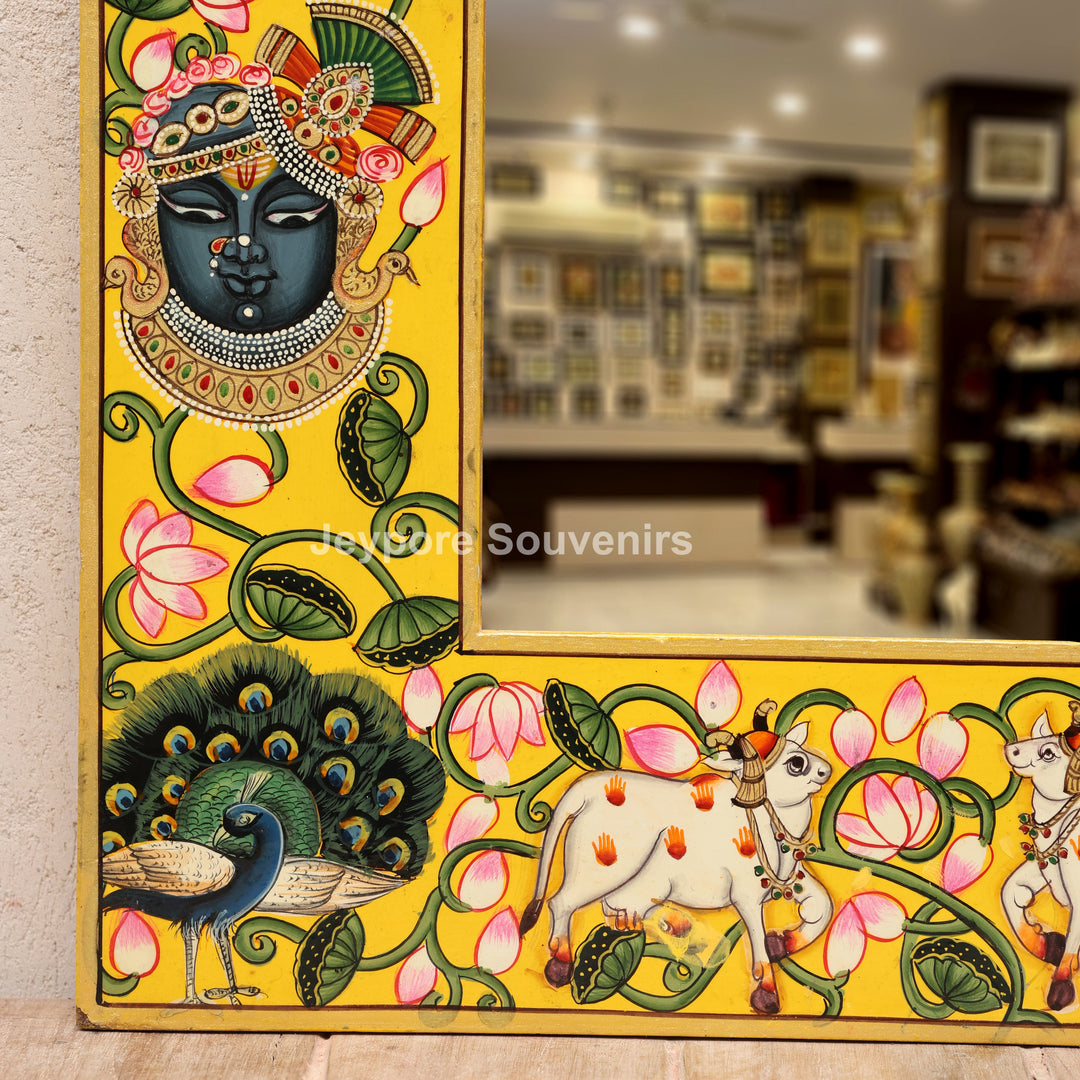 Handcrafted Radha Krishna Pichwai Art Wooden Mirror Frame