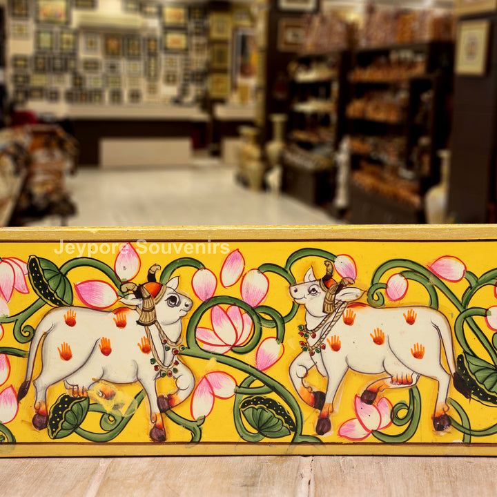 Handcrafted Radha Krishna Pichwai Art Wooden Mirror Frame