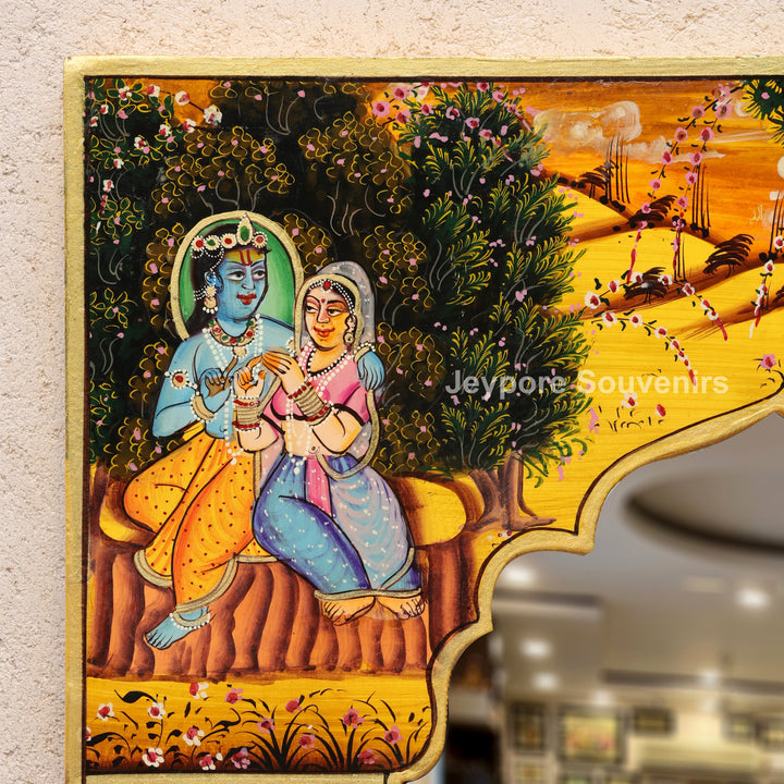 Handcrafted Radha Krishna Pichwai Art Wooden Mirror Frame