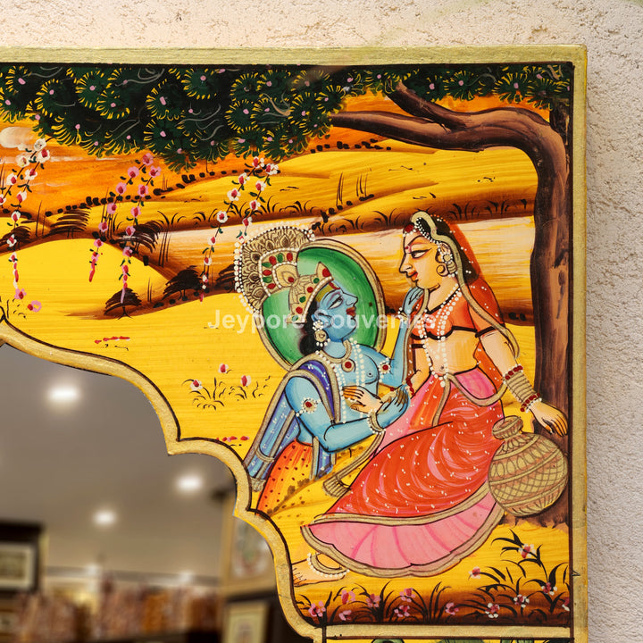 Handcrafted Radha Krishna Pichwai Art Wooden Mirror Frame