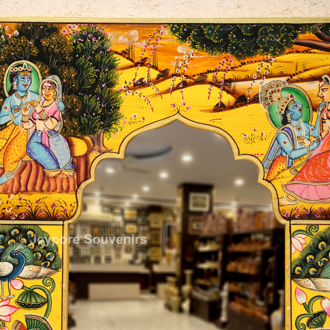 Handcrafted Radha Krishna Pichwai Art Wooden Mirror Frame