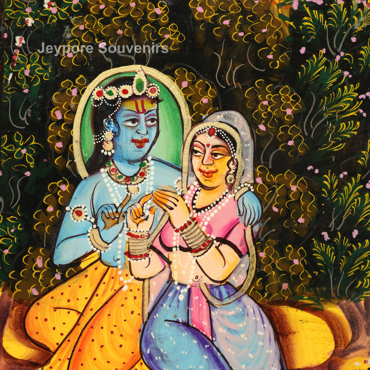Handcrafted Radha Krishna Pichwai Art Wooden Mirror Frame
