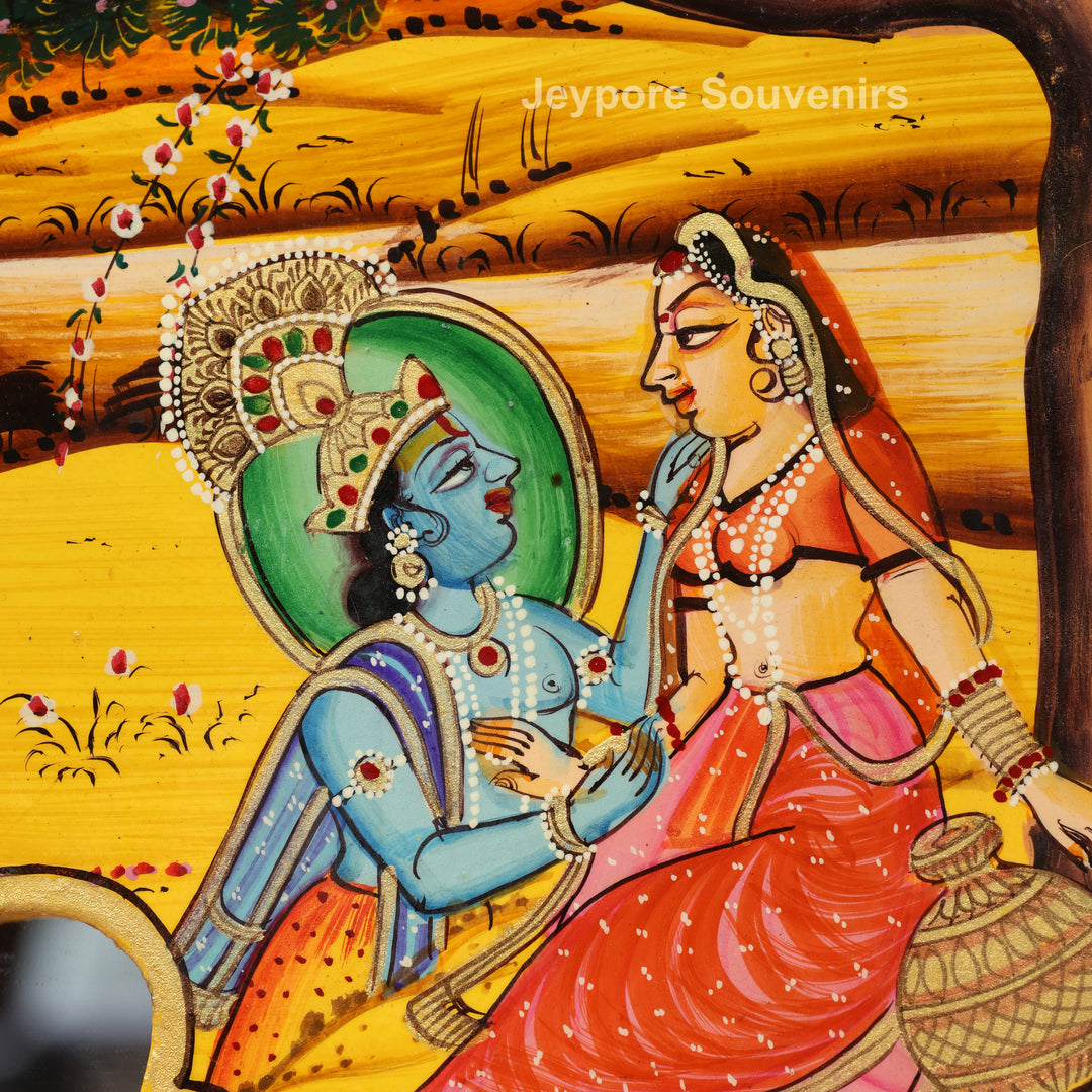 Handcrafted Radha Krishna Pichwai Art Wooden Mirror Frame