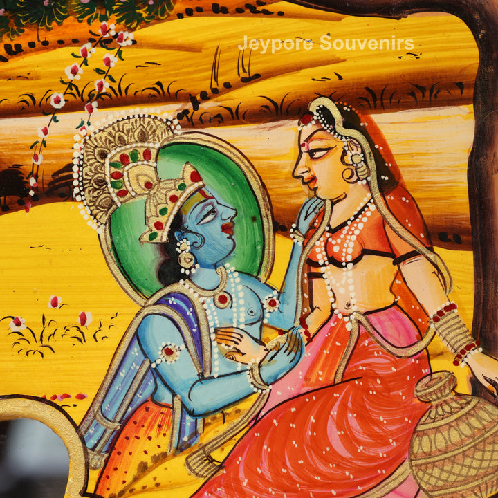Handcrafted Radha Krishna Pichwai Art Wooden Mirror Frame