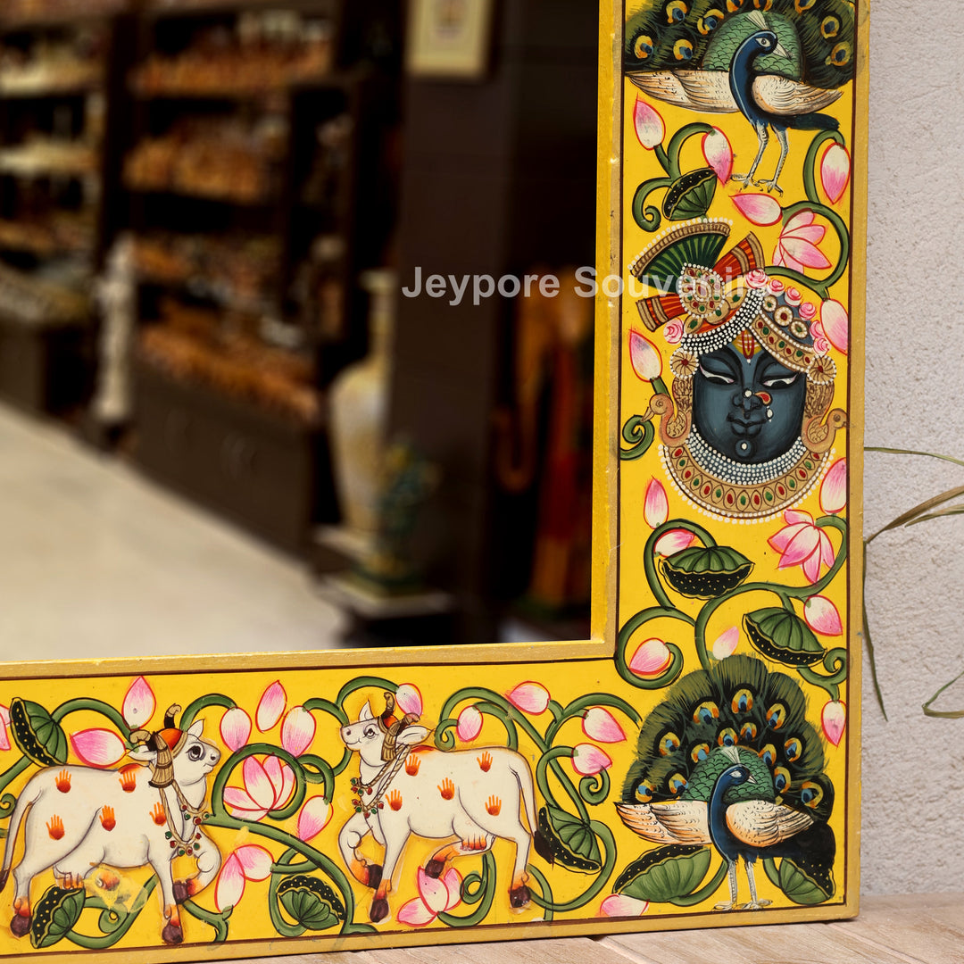 Handcrafted Radha Krishna Pichwai Art Wooden Mirror Frame