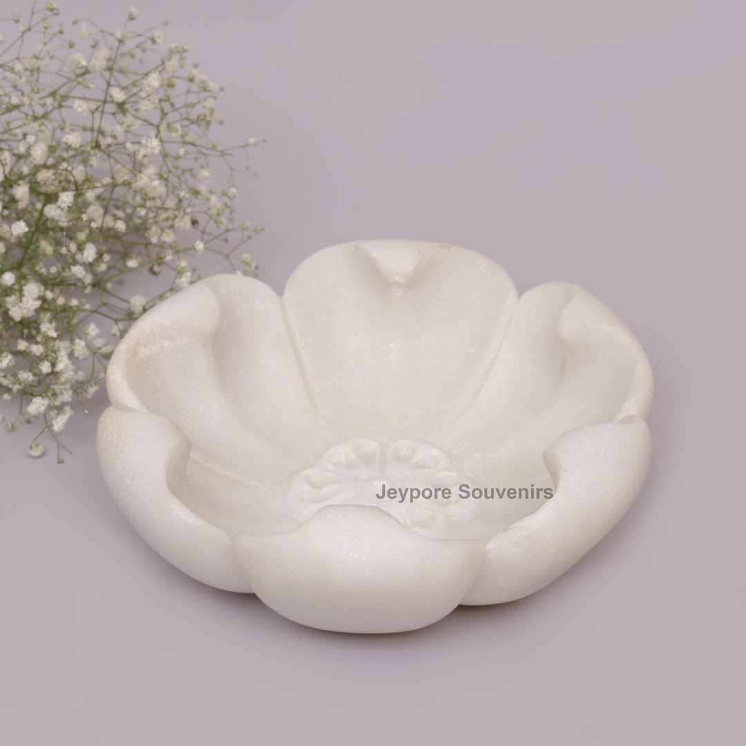 White Marble Decorative Bowl with Open Flower Shaped