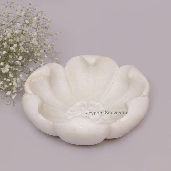 White Marble Decorative Bowl with Open Flower Shaped