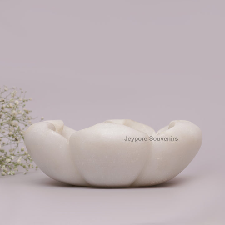 White Marble Decorative Bowl with Open Flower Shaped