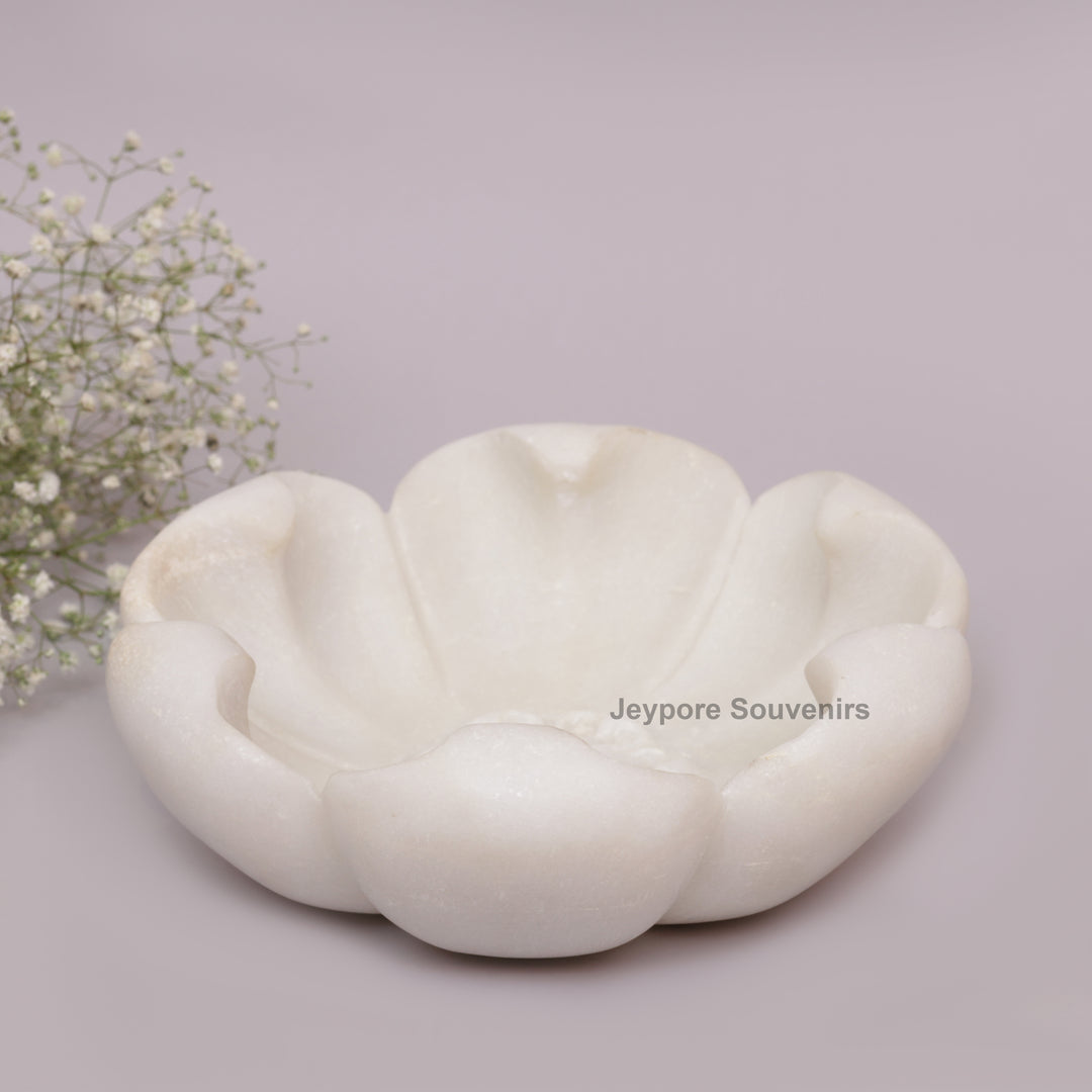 White Marble Decorative Bowl with Open Flower Shaped
