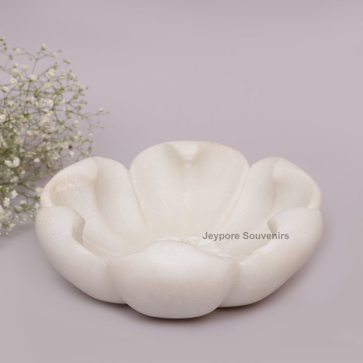 White Marble Decorative Bowl with Open Flower Shaped