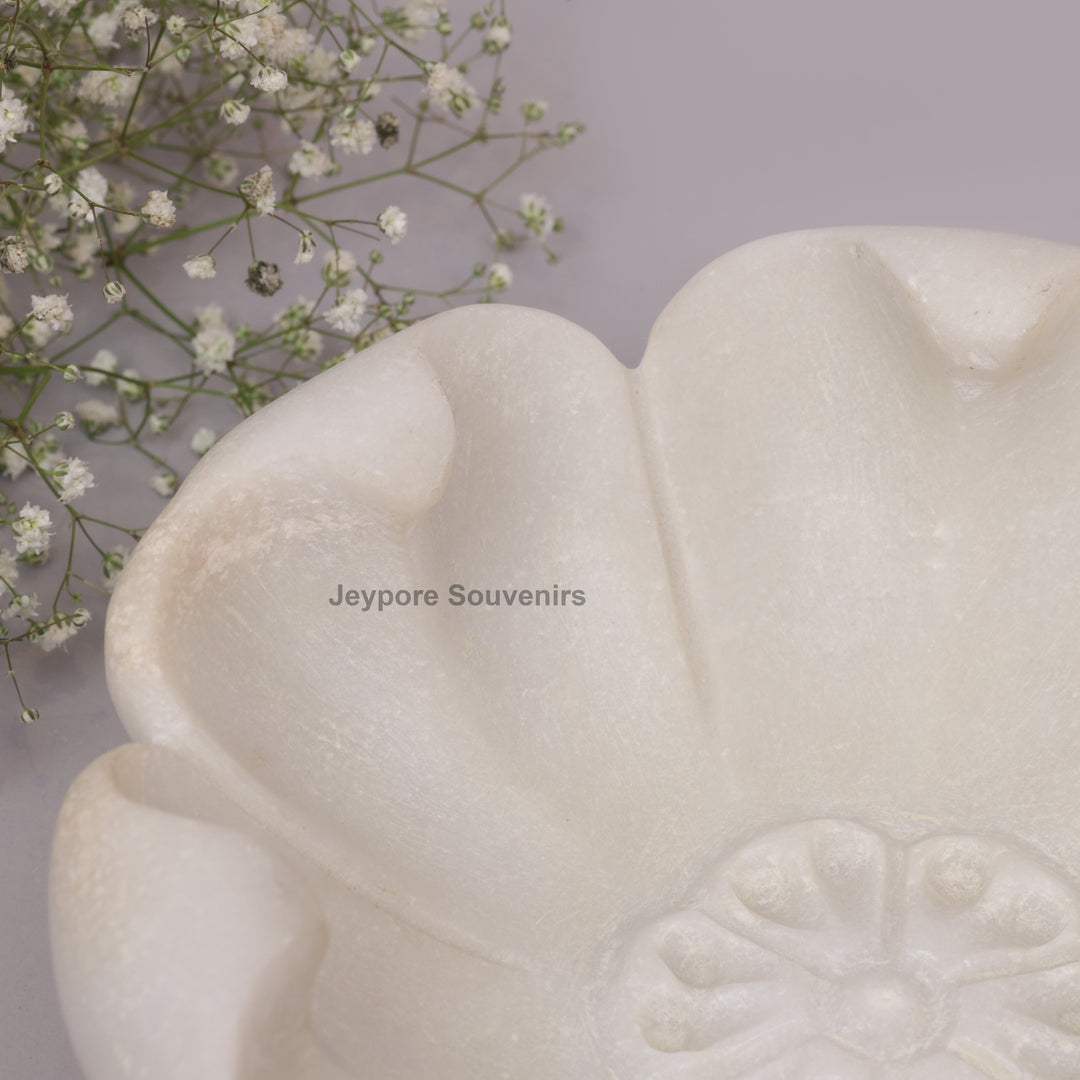 White Marble Decorative Bowl with Open Flower Shaped